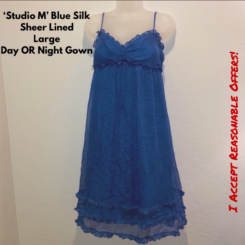 Flowy Blue Silk Sheer lined Day or Night Dress Gown by Studio M, size L